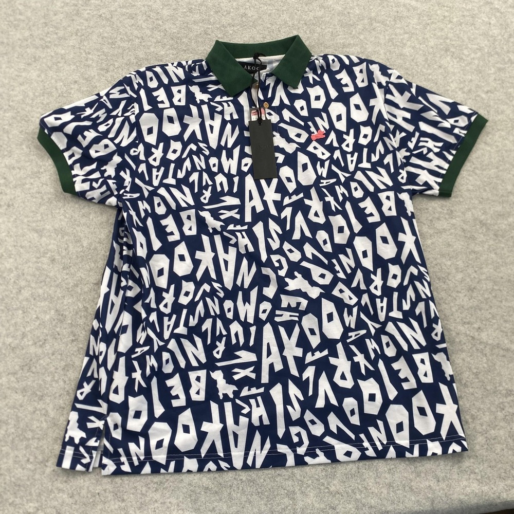AKOO Polo Shirt Mens 3XL Blue White Allover Graphic Print Green Collar Casual